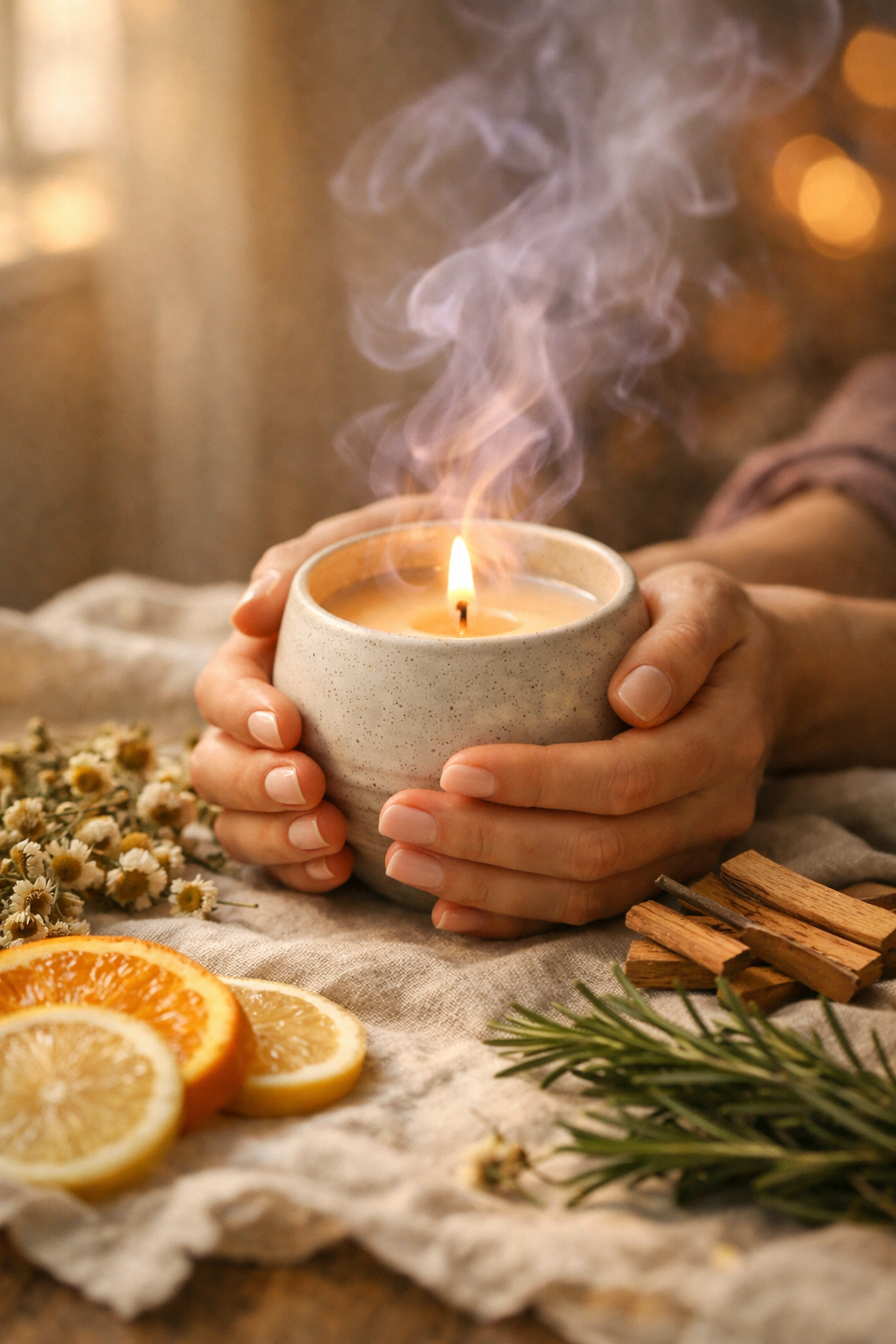 Naise käed hoidmas põlevat lõhnaküünalt keraamilisel alusel aromaatsete ürtidega
