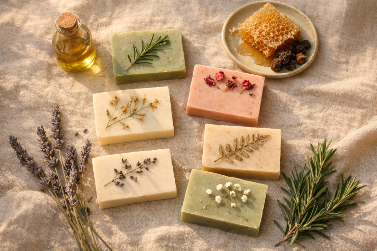 Kuus looduslikku käsitööseepi botaaniliste kaunistustega linase riide peal