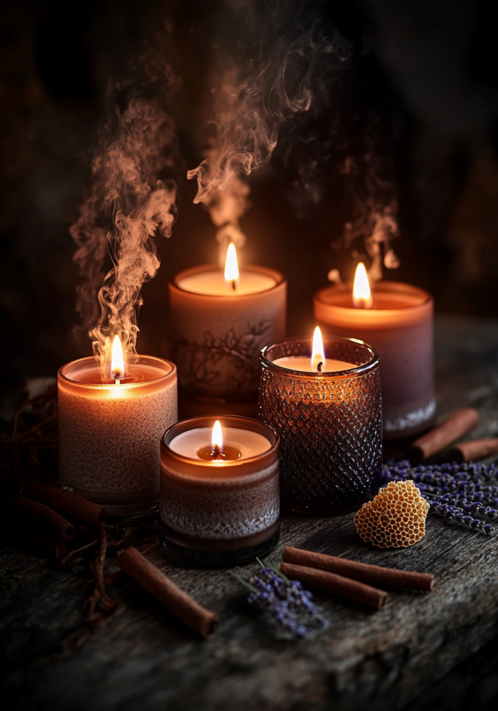 Neli põlevat käsitööküünalt klaas- ja keraamilistes anumates kaneeli ja lavendliga