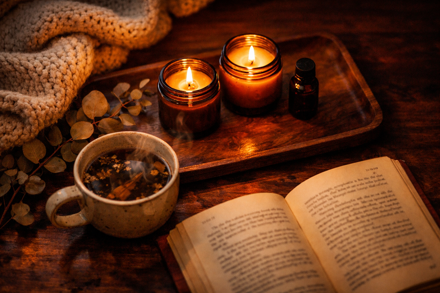 Kaks põlevat lõhnaküünalt merevaiguklaasis puitalusel raamatu ja teetassiga