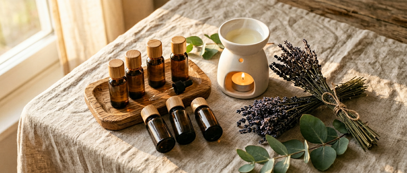 Eeterlikud õlid klaaspudelites aroomilambil kõrval — kodulõhnastamine looduslike aroomiõlidega