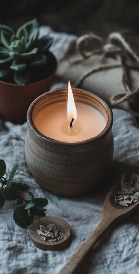 Põlev lõhnaküünal keraamilises anumas puulusika ja sukulendiga linasel riidel