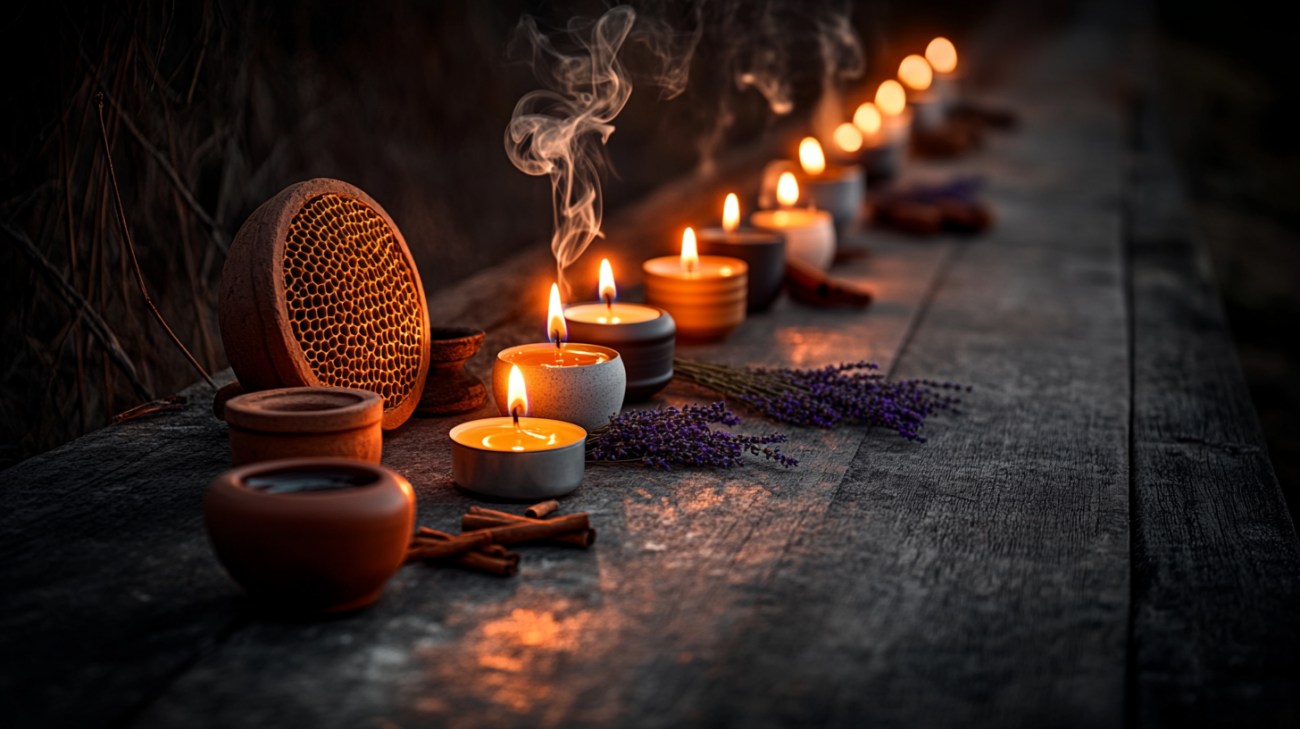 Lõhnaküünal lõhnaküünla järel rivis puitlaual lavendli ja savianumaga