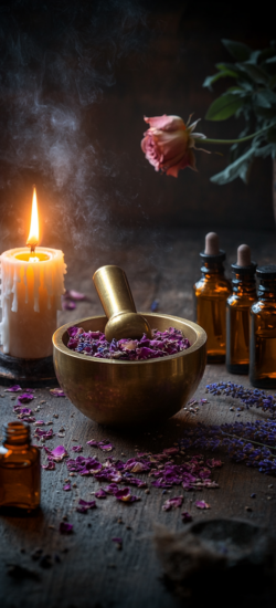 Vasest uhmer roosikroonlehtedega põlev sambaküünal ja eeterlike õlide pudelid