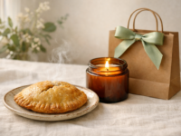 Soojalt soodsad pakkumised — aurav värske pirukas, põlev sojaküünal ja kingikott salveirohulise paelaga