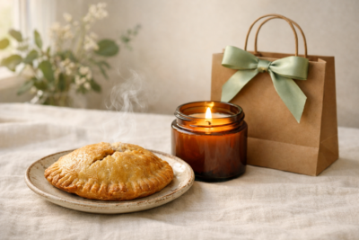 Soojalt soodsad pakkumised — aurav värske pirukas, põlev sojaküünal ja kingikott salveirohulise paelaga