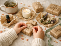 Teiste lemmikud — naise käed seovad nööriga paberpakki, ümberringi küünal, taimne tee, eeterlik õli ja lavendlikimbud