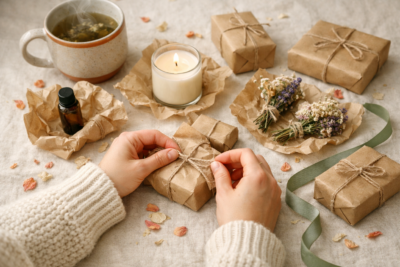 Teiste lemmikud — naise käed seovad nööriga paberpakki, ümberringi küünal, taimne tee, eeterlik õli ja lavendlikimbud