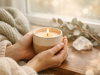 Naine hoiab põlevat sojaküünalt akna all hubase pehme loodusliku valguse käes