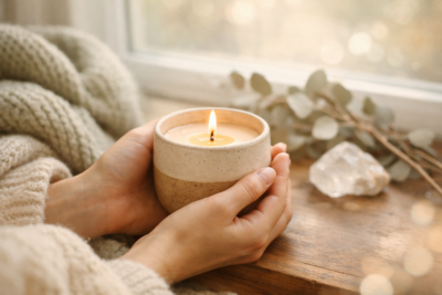 Naine hoiab põlevat sojaküünalt akna all hubase pehme loodusliku valguse käes