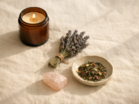 Hoolikalt valitud käsitöö heaolutooted linal — sojaküünal, lavendel, roosa kvarts ja purutee