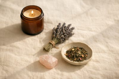 Hoolikalt valitud käsitöö heaolutooted linal — sojaküünal, lavendel, roosa kvarts ja purutee