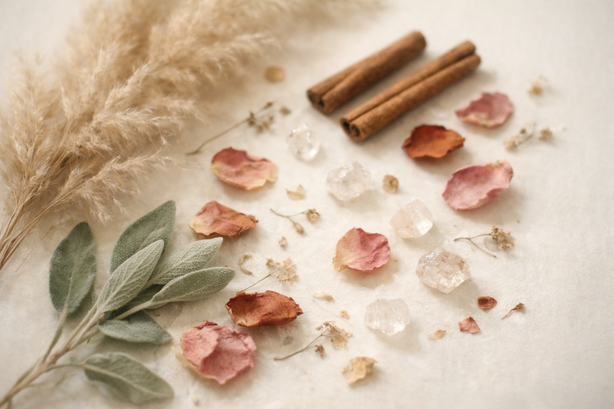 Kuivatatud lilled ürdid ja kristallid orgaanilises kompositsioonis kreemjasel taustal