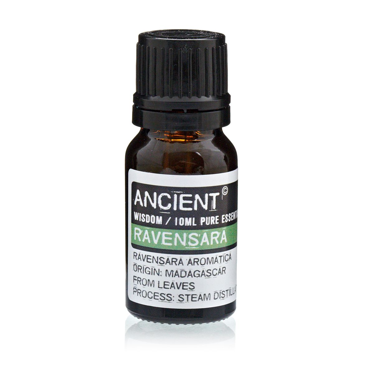Ravensara eeterlik oli 10 ml — Ancient Wisdom looduslik tugi Ravensara eeterlik oli 10 ml tumedas klaaspudelis rohelise sildiga