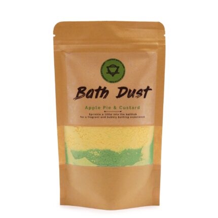 Õunakoogi vannipulber rohelise pulbriga jõupaberist kotis