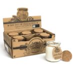 Linase värskuse sojaküünal avatud korgiga koos väljapanekukarbiga