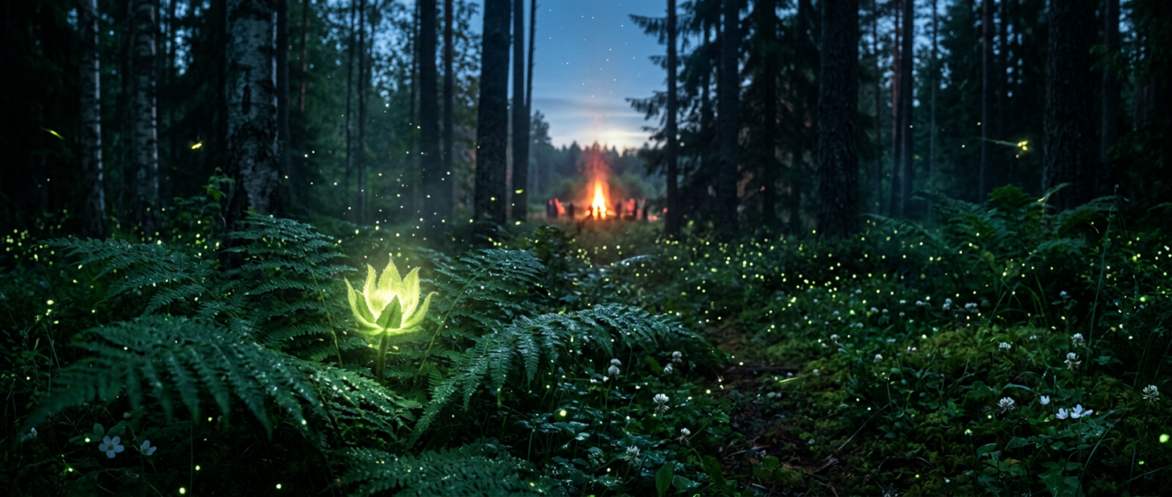 Eesti jaaniöö müstiline mets — sõnajalaõis, jaaniussid ja kaugel hõõguv jaanituli