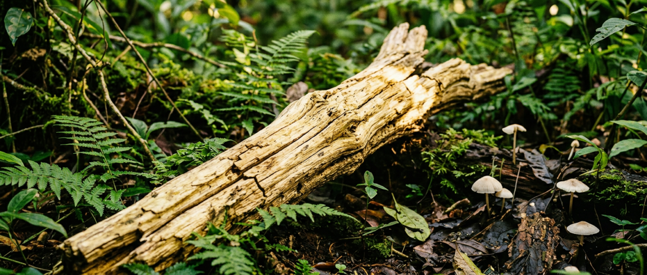 Palo santo oks lebamas Lõuna-Ameerika troopilises metsas — looduslik kuivamine enne korjamist