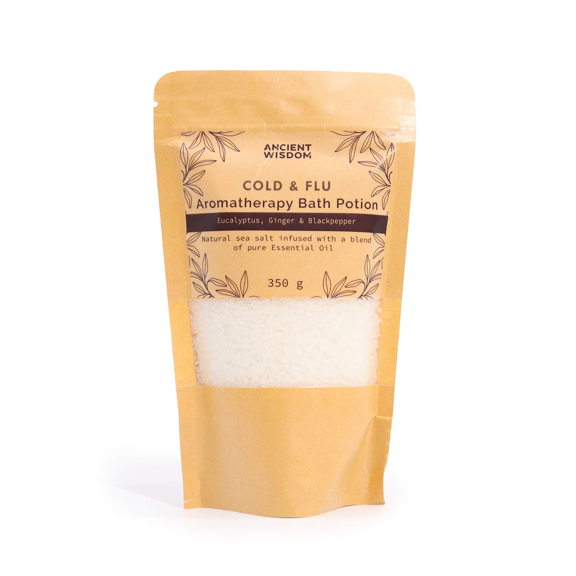 Ancient Wisdom Cold & Flu aroomiteraapia vannisool kraft-kotis Tervendav vannisool Cold Flu valge meresool kraft-kotis eestvaates